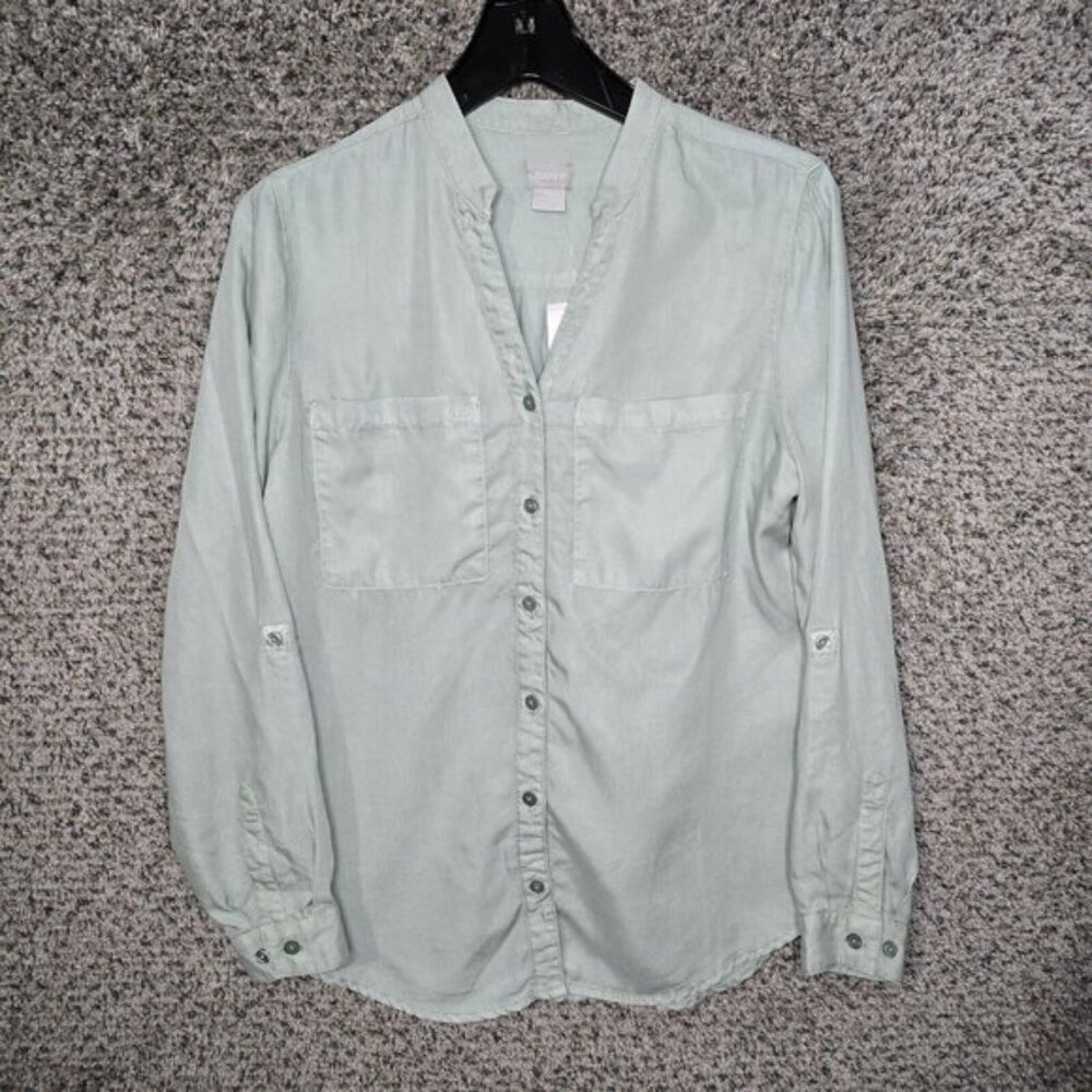 Chicos Top Womens 0 US Small Green Button Up Touch Of Cool Pockets Casual Ladies